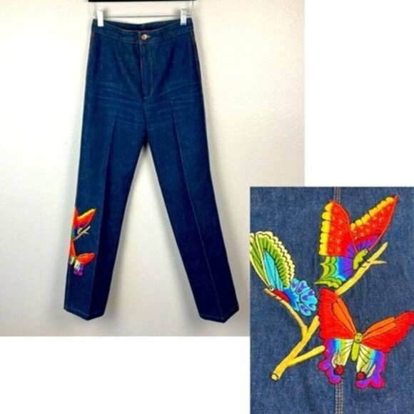 Vik Vizette Jeans High-Rise Butterfly Embroidery Flare Boot Cut Flat Front 26 - Picture 2 of 12